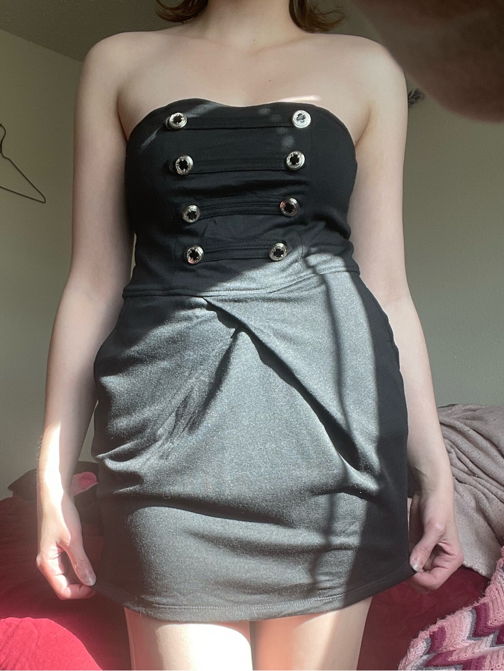 Chic Strapless Black Mini Dress with Grommet Detail